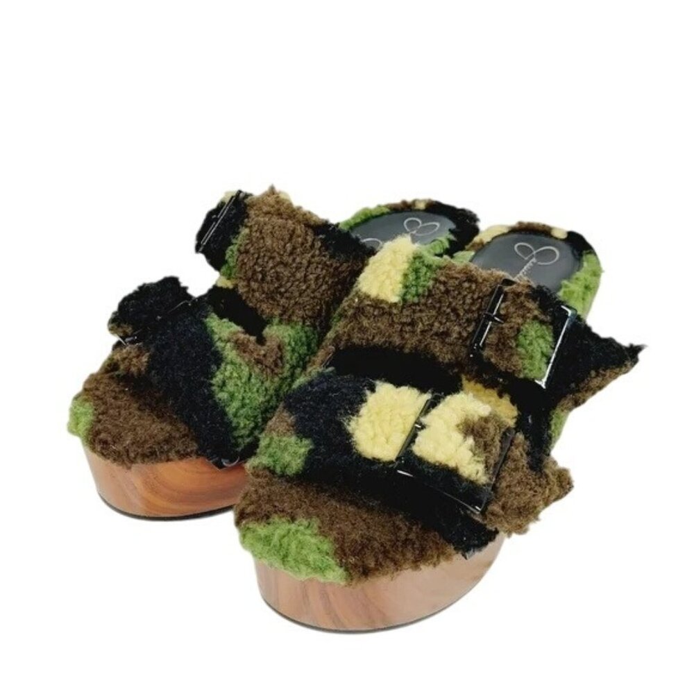 Jessica Simpson Furry Wooden Sz 5.5 Platform‎ Slip-On Sandals